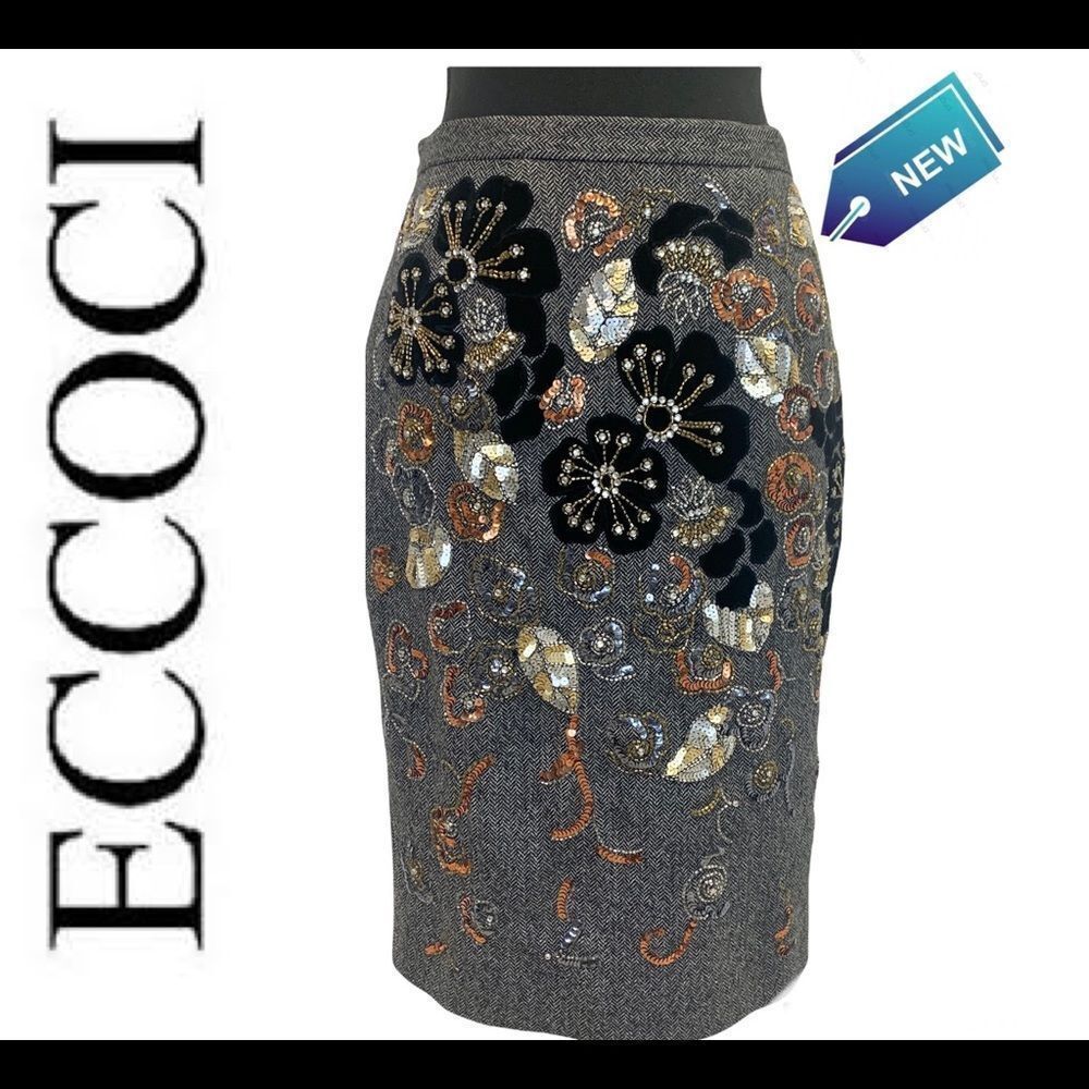 ECCOCI NWT Gray wool beaded sequin floral print pencil skirt size 0